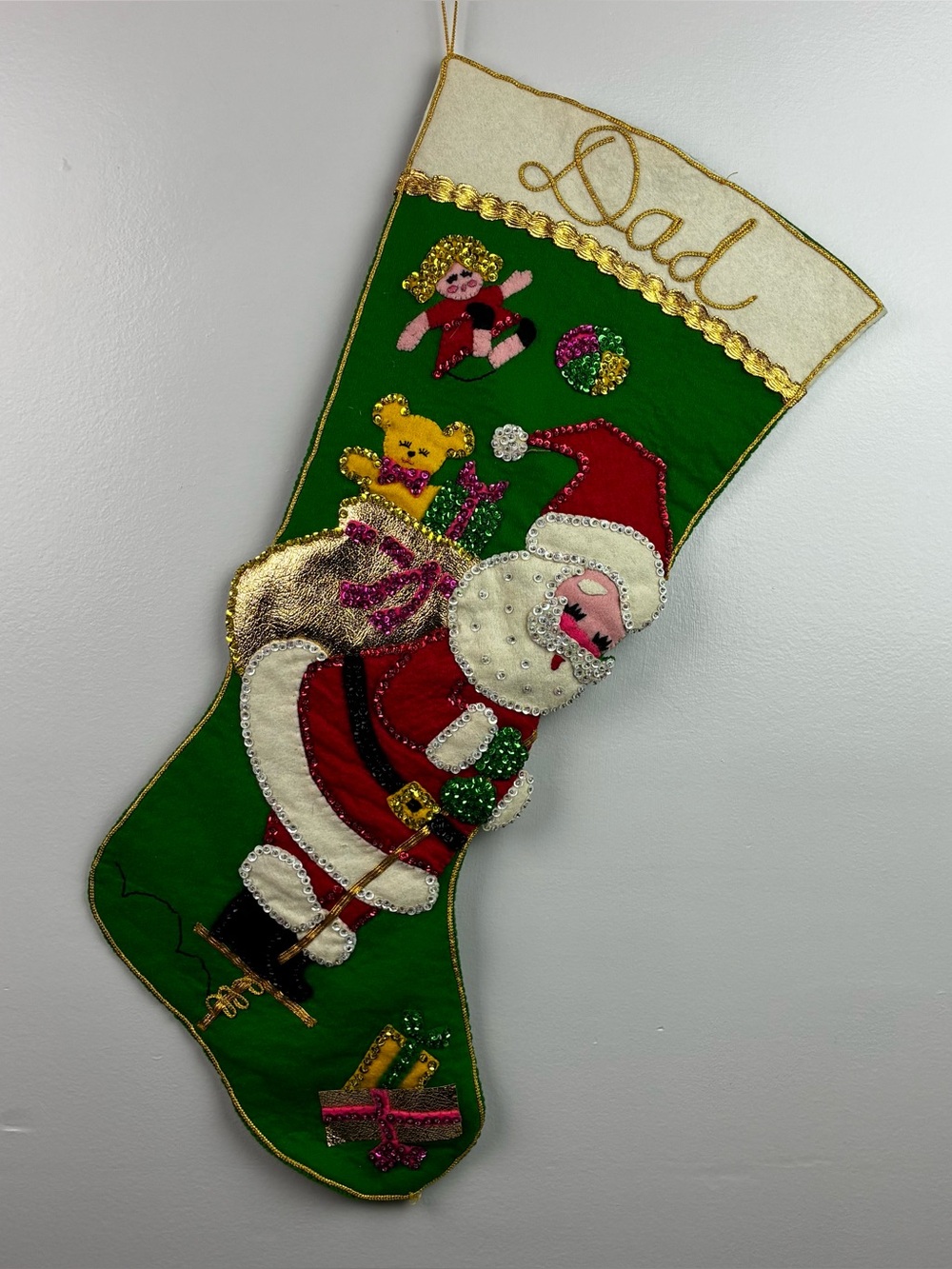 Handmade 1970’s Vintage Felt Sequined “Dad” Christmas Stocking - Amazing!